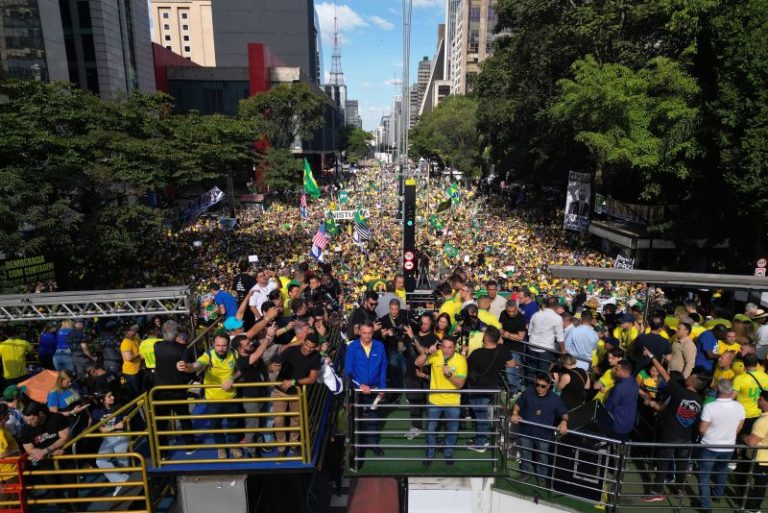 Brazil ex-leader Bolsonaro rallies thousands of supporters to protest his trial over alleged plot to overturn election